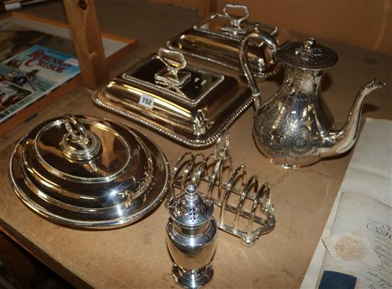 Plated wares- pair entree dishes, another, coffee pot, sugar sifter, toast rack